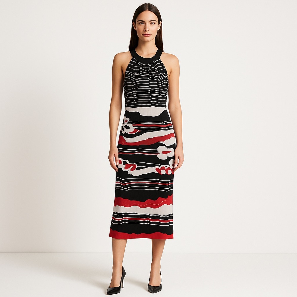 KAY UNGER NEW YORK Size SMALL Black Dress Red White Motifs Flowers